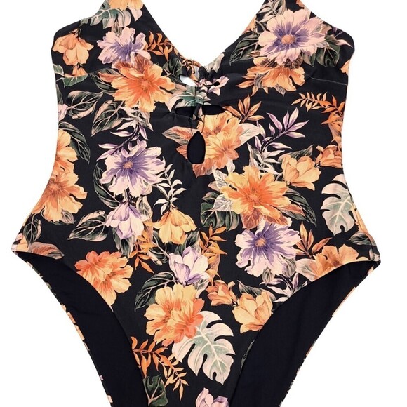 LSPACE Topanga Lace Up One-Piece Swimsuit in Forget Me Not Black Floral Print 12 - Picture 4 of 12